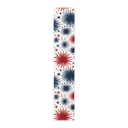 Patriotic Fireworks Table Runner – Red & Navy Starburst Holiday Decor