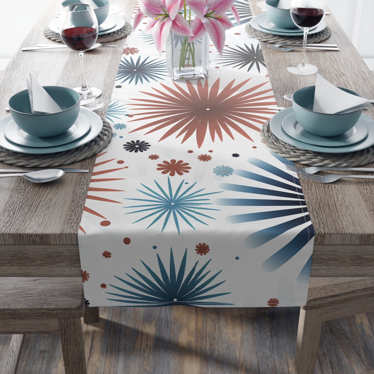 Starburst Floral Table Runner — Blue & Terracotta Cotton-Poly Dining Decor