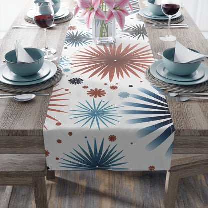 Starburst Floral Table Runner — Blue & Terracotta Cotton-Poly Dining Decor