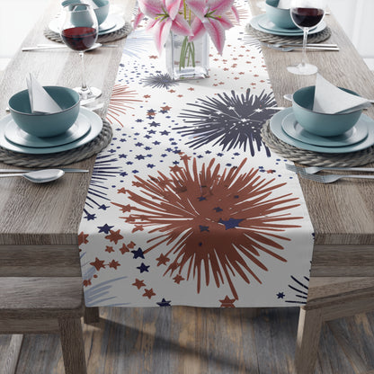 Patriotic Fireworks Table Runner — Red, White & Blue Starburst Holiday Decor
