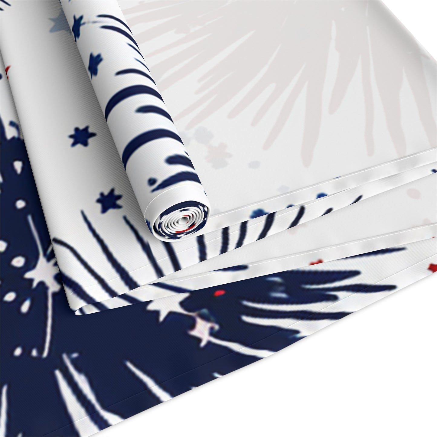 Patriotic Fireworks Table Runner — Red, White & Blue Starburst Holiday Decor