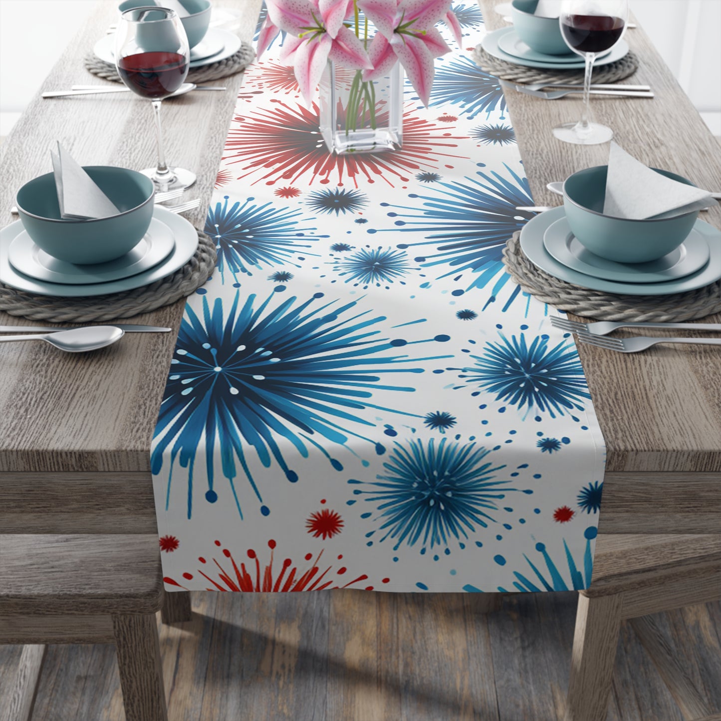 Starburst Fireworks Table Runner — Patriotic Red & Blue Holiday Table Decor
