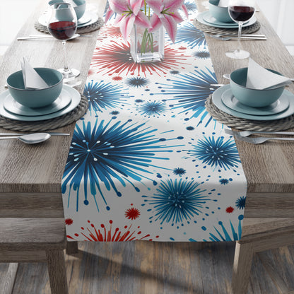 Starburst Fireworks Table Runner — Patriotic Red & Blue Holiday Table Decor