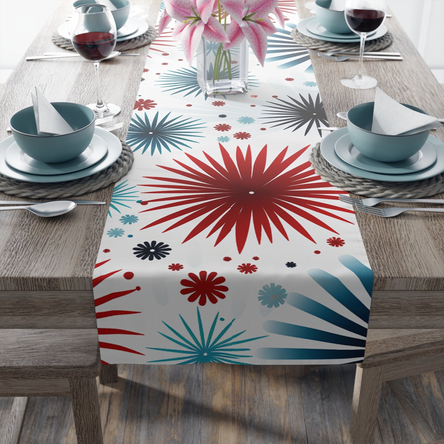 Starburst Floral Table Runner — Blue & Terracotta Cotton-Poly Dining Decor