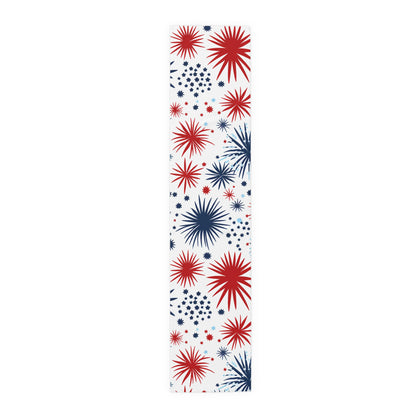 Patriotic Fireworks Table Runner – Red & Navy Starburst Cotton-Blend Decor