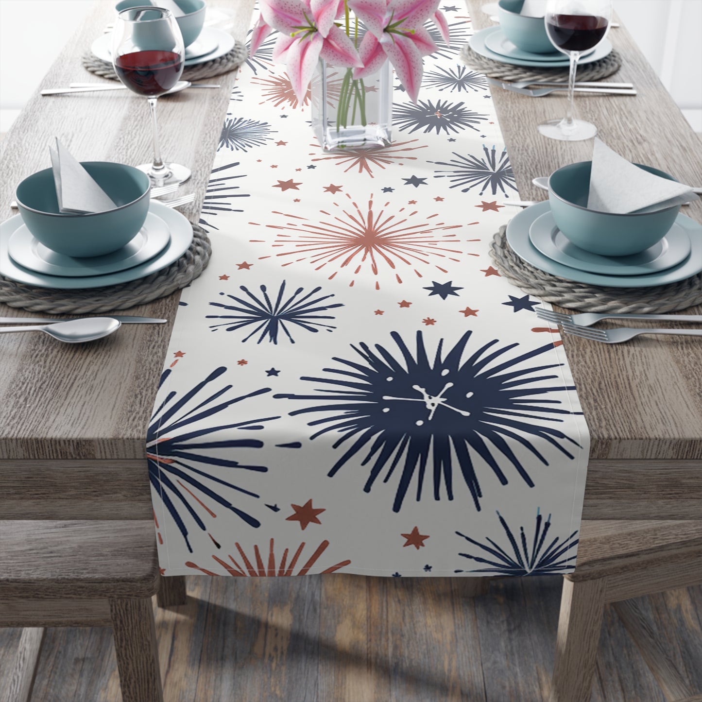 Firework Pattern Table Runner - Patriotic Red & Navy Cotton Blend