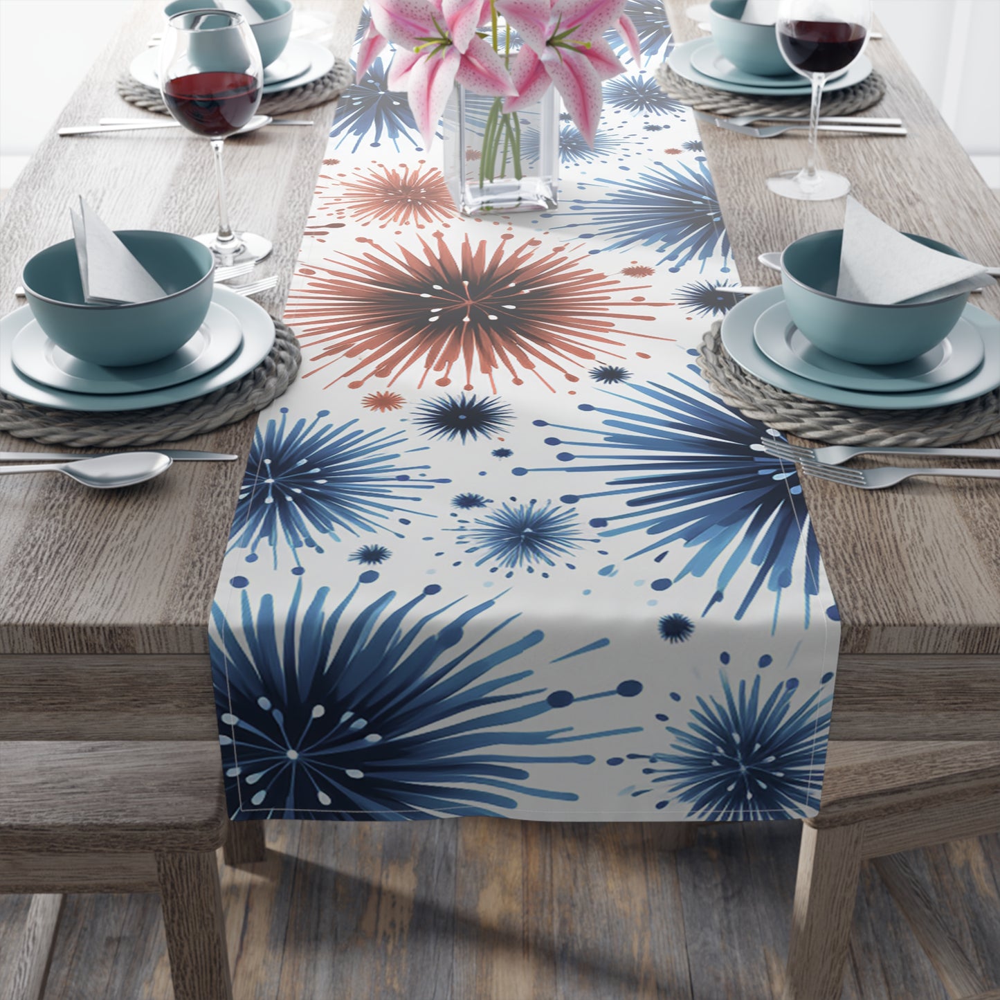 Starburst Fireworks Table Runner — Patriotic Red & Blue Holiday Table Decor