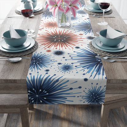Starburst Fireworks Table Runner — Patriotic Red & Blue Holiday Table Decor