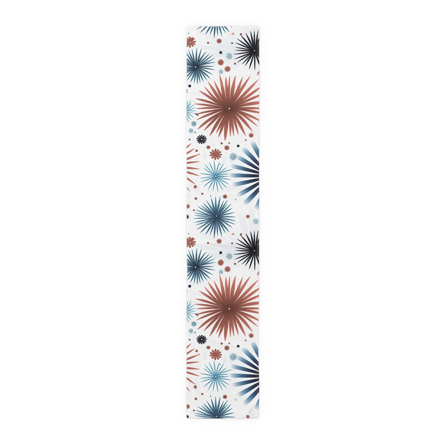 Starburst Floral Table Runner — Blue & Terracotta Cotton-Poly Dining Decor